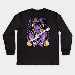 Death Metal Satanic Baphomet Cat playing guitar Kids Long Sleeve T-Shirt